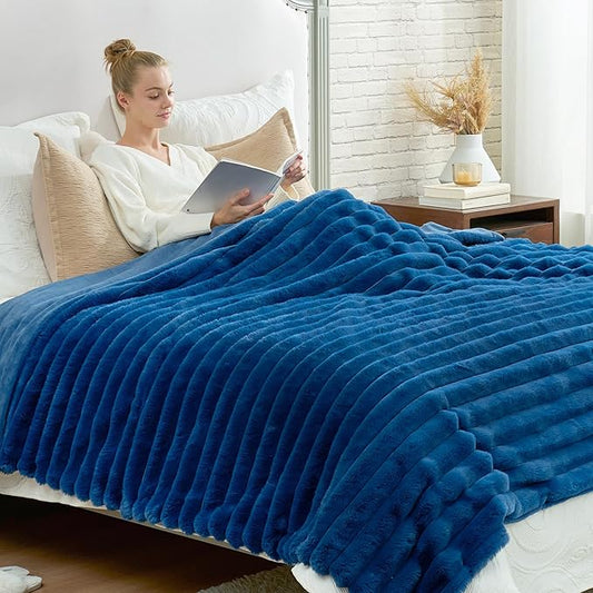 Cozy Bliss Faux Fur Throw Blanket for Couch, Cozy Warm Plush Striped Blanket for Sofa Bedroom Living Room, 108 * 90 Inches Navy Blue