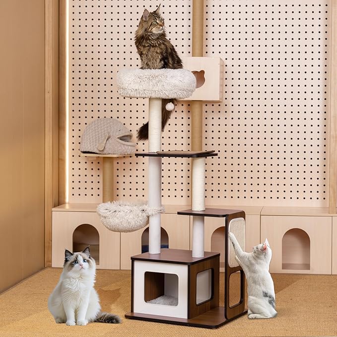 54-Inch Premium Multi-Level Modern Cat Tree & Tower - Unique Design Indoor Cat Condo with Scratching Posts, Hammock, Top Perch & Interactive Drop Ball Toy