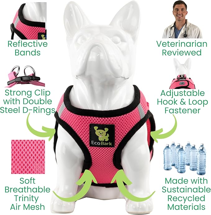 EcoBark Step in Dog Harness - Eco-Friendly Teacup Dog Harnesses for XXS, XS, and Small Dogs - Reflective and Adjustable Mini Body Halter Vest -Tiny Soft Mesh Toy Breed Harness (Bubblegum Pink, XXS)