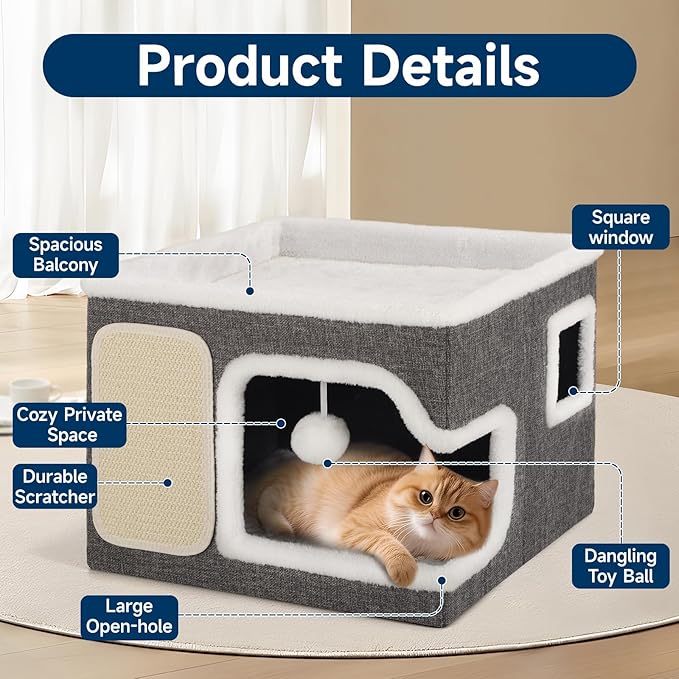 Cat Beds for Indoor Cats, Large Cat Cave with Cozy Hideout, Scratch Pad, Fluffy Ball Hanging, Foldable Cat Hideaway Hold Up to 30LBS, Indoor Cat House with Reversible Soft Cushions for All Seasons