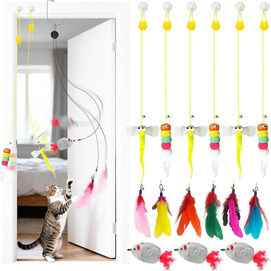Interactive Hanging Cat Toy for Indoor Cats, 16PCS Door Cat Toys Set with Feathers, Chirping Mice Retractable Teaser Toys for Kitten Play Chase Exercise