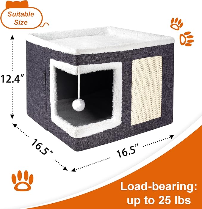 Cat Houses for Indoor Cats - Large Cat Bed Cave with Scratch Pad and Fluffy Ball, Foldable Cat Condo Hideaway with Reversible Cushion for Multi Small Pet, Dark Grey