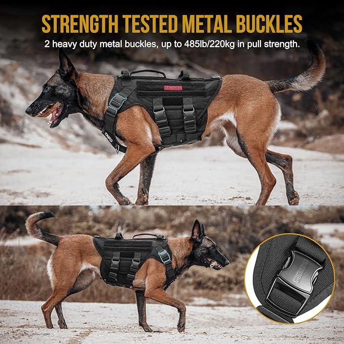 OneTigris Large Tactical Dog Harness, No Pulling Adjustable Dog Vest Harness, Heavy Duty Dog Harness with Handle, Large Hook and Loop Panels for Patch Black