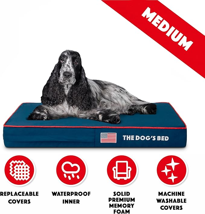 The Dog’s Bed Orthopedic Memory Foam Dog Bed, Medium Blue Oxford with Red Trim USA Flag, Pain Relief for Arthritis, Hip & Elbow Dysplasia, Post Surgery, Supportive, Calming, Waterproof Washable