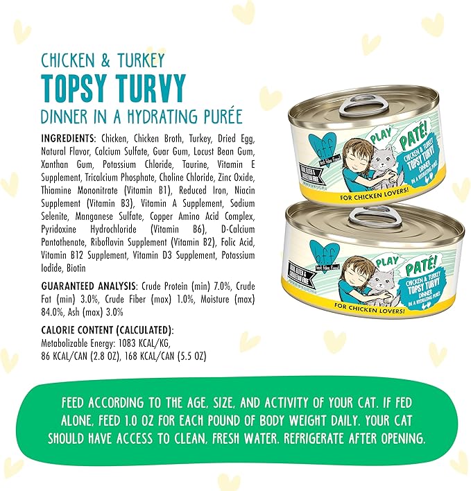 Weruva B.F.F. Play - Best Feline Friend Paté Lovers, Aw Yeah!, Chicken & Turkey Topsy Turvy with Chicken & Turkey, 5.5oz Can (Pack of 8)