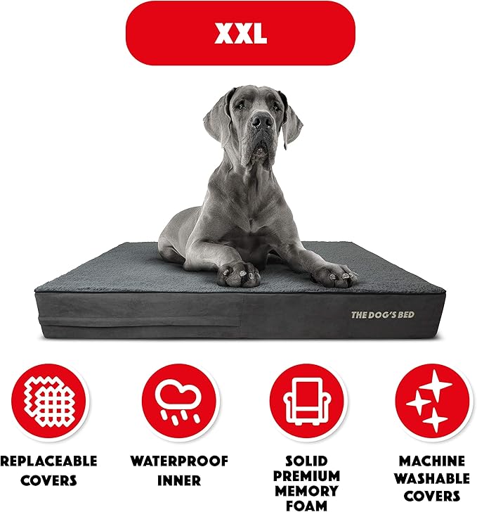 The Dog’s Bed Orthopedic Memory Foam Dog Bed, XXL Grey Plush, Pain Relief for Arthritis, Hip & Elbow Dysplasia, Post Surgery, Lameness, Supportive, Calming, Waterproof Washable Cover