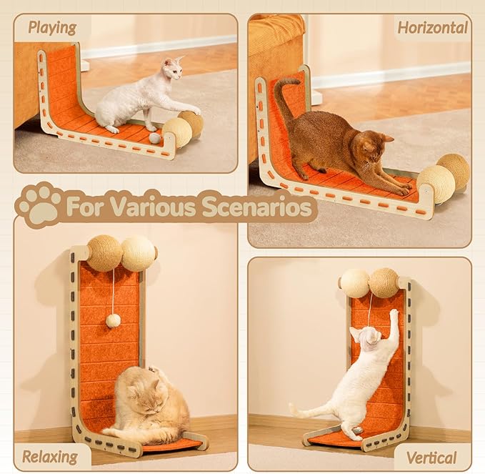 Cat Scratcher Felt Cat Scratch Pad for Cats with Sisal Balls Cat Scratching Board Large Scratchers for Indoor Adult Cat Scratching Furniture Protector Post Toy L Shape 28.4 Inch Orange