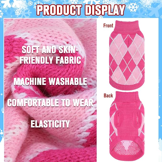 KOOLTAIL Small Dog Sweater, Knit Turtleneck Cold Weather Dog Sweaters for Medium Large Dogs, Soft Diamond Plaid Pullover Knitwear Pet Winter Warm Clothes,Pet Coat Puppy Sweater for Girls Boys,Pink XS
