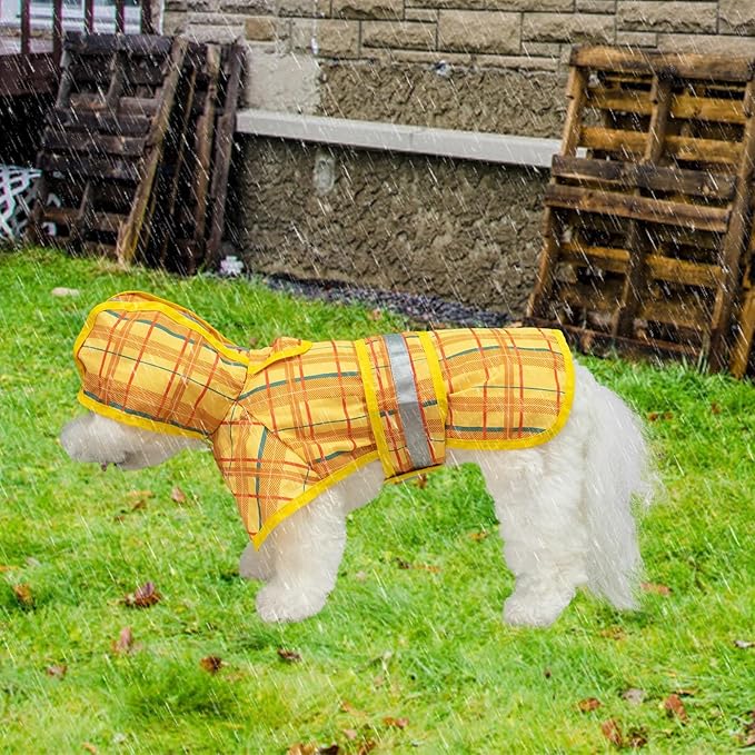 KOOLTAIL Dog Raincoat Hooded Slicker Poncho with Leash Hole, Raincoat for Small Medium Dogs, Waterproof Doggie Rain Jacket with Reflective Strip, Adjustable Breathable Plaid Puppy Rainwear-Yellow