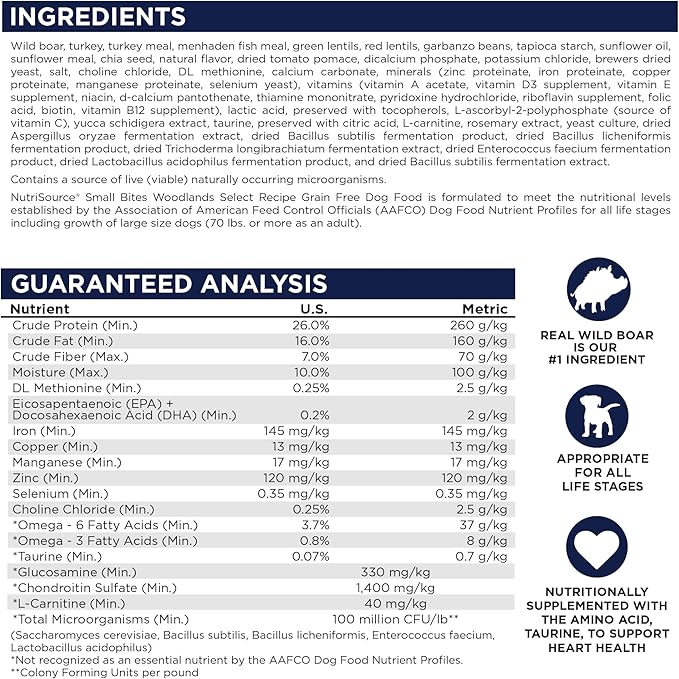 NutriSource Woodland Select Grain Free Dry Dog Food, Boar, Turkey and Menhaden Fish Meal, 12LB