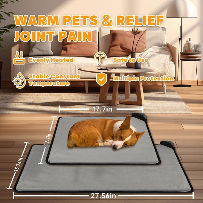 Pet Heating Pad for Cats & Dogs,Safe Electric Cat Warming Pad with Chew Resistant Cord,Automatic Induction Heated Cat Bed,Adjustable Temperature & Time (Light Grey, 17.7" x 17.7")