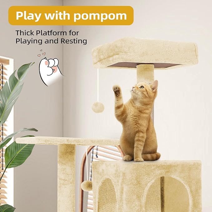 Cat Tree 54-Inch Cat Tower with Padded Plush Perch 2 Comfy Caves, Scratching Posts, Basket, 2 Pompoms, Multi-Level Plush Cat Condo for Indoor Cats Kittens, Beige