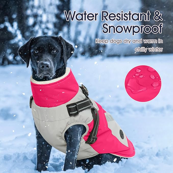 IECOii Dog Winter Coat Waterproof - Rosered, Medium - Dog Coat with Harness Built in for Medium Dogs,Thermal Warm Fleece Lined with Zip Up Cold Weather Jacket,Reflective Snowsuit for Outdoor Hiking