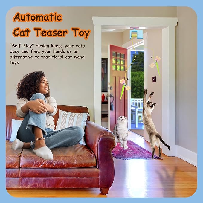 Interactive Hanging Cat Retractable String Toys for Indoor Kittens and Bored Adult Cats with 3 Flying Feathers, Automatic Electric Teaser for Enrichment and Chase, Rechargeable, Blue
