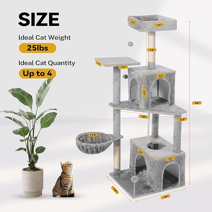 Cat Tree 54-Inch Cat Tower with Padded Plush Perch 2 Comfy Caves, Scratching Posts, Basket, 2 Pompoms, Multi-Level Plush Cat Condo for Indoor Cats Kittens, Light Gray