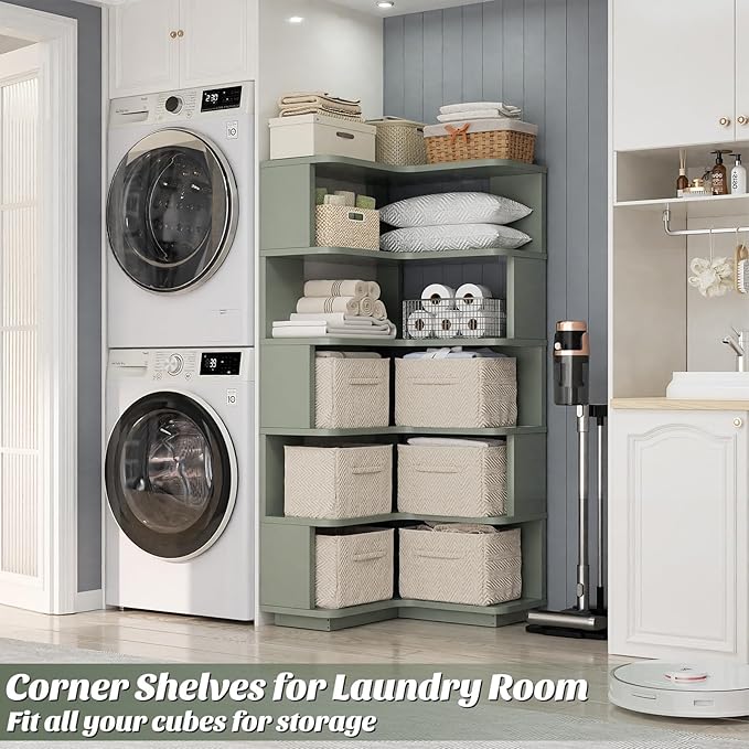 Armocity Corner Book Shelf - 6 Tier Corner Bookshelf Etagere Bookcase with Baffle, Freestanding L Shaped Display Shelf Stand for Home Office, Living Room, Bedroom, Kitchen, Crab Green