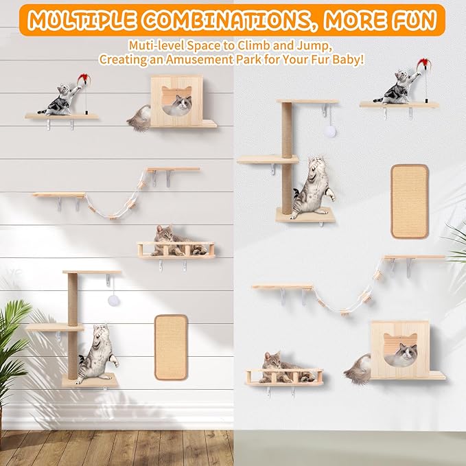 Cat Wall Shelves, Solid Wooden Wall-Mounted Cat Furniture, Set of 6 Cat Climbing Shelves with House, Bed, Bridge, Tree, Steps and Scratcher