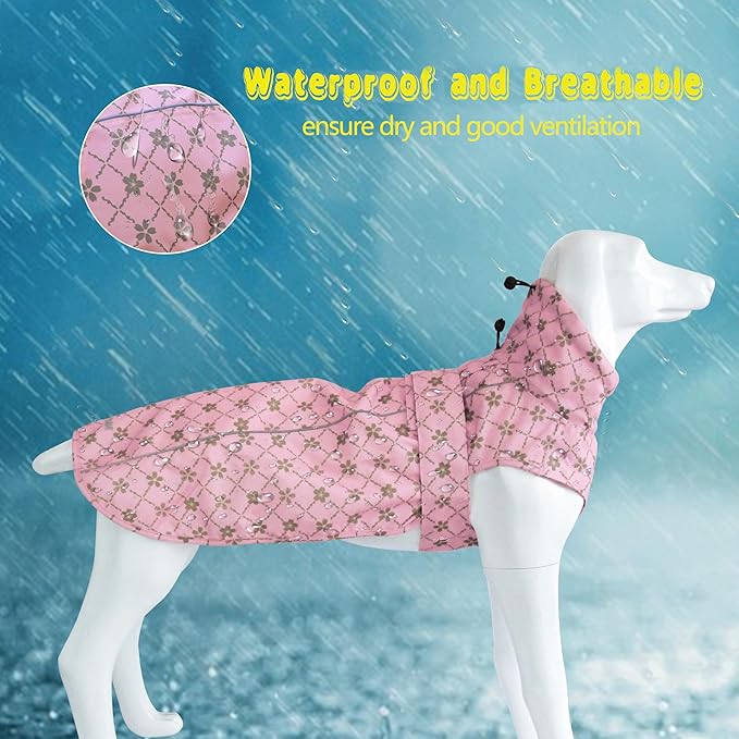 Adjustable Waterproof Dog Raincoat for Dogs,Lightweight Pet Rain Jacket Puppy Clothes with Reflective Strip for Small Medium Large Dogs(Large,Gold Cheery Blossoms Pink)