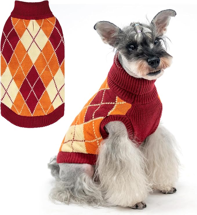 KOOLTAIL Small Dog Sweater, Knit Turtleneck Fall Thanksgiving Dog Sweaters for Medium Large Dogs, Plaid Pullover Cold Weather Knitwear Pet Winter Warm Clothes, Puppy Coat for Girls Boys, Orange S