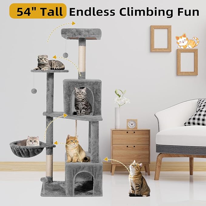 Cat Tree 54-Inch Cat Tower with Padded Plush Perch 2 Comfy Caves, Scratching Posts, Basket, 2 Pompoms, Multi-Level Plush Cat Condo for Indoor Cats Kittens, Gray