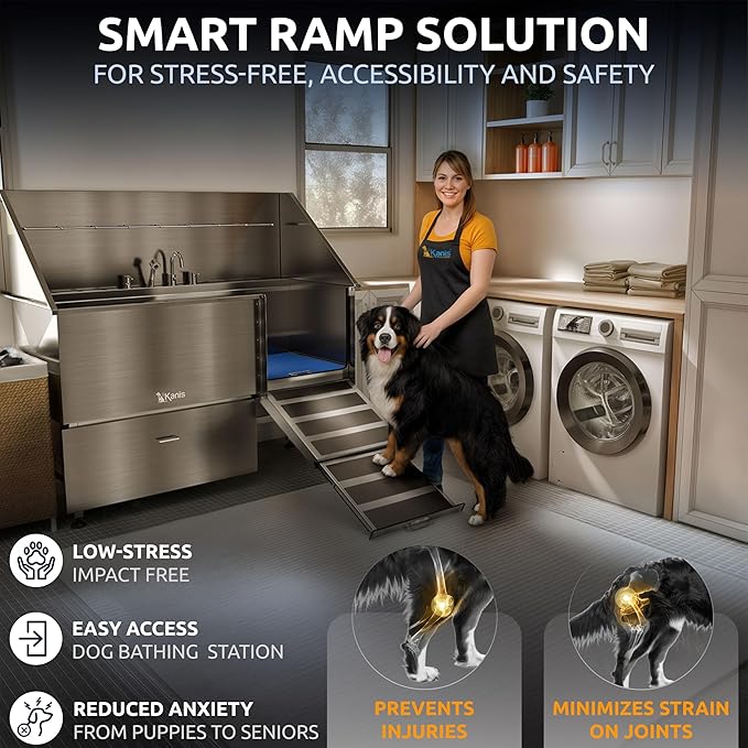 KANIS Professional Dog Washing Station - 304 Stainless Steel Pet Wash Sink & Grooming Bathtub w/Shower, Floor Grates and Storage for Large, Medium & Small Pets (61", 1 Drawer - Right Ramp)