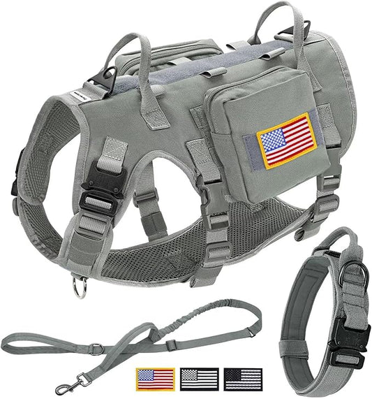 Forestpaw Tactical Dog Harness for Large Dogs,Tactical Dog Collar with Bungee Leash Set,No Pull Military Dog Harness for Walking Training,Adjustable for Medium Large Dogs,Gray,Chest 19.5-41.5"