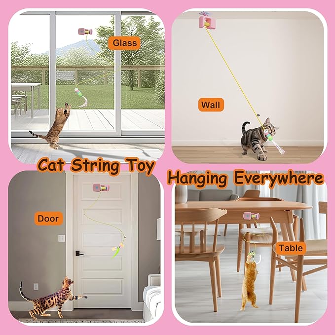 Interactive Hanging Cat Retractable String Toys for Indoor Kittens and Bored Adult Cats with 3 Flying Feathers, Automatic Electric Teaser for Enrichment and Chase, Rechargeable, Pink