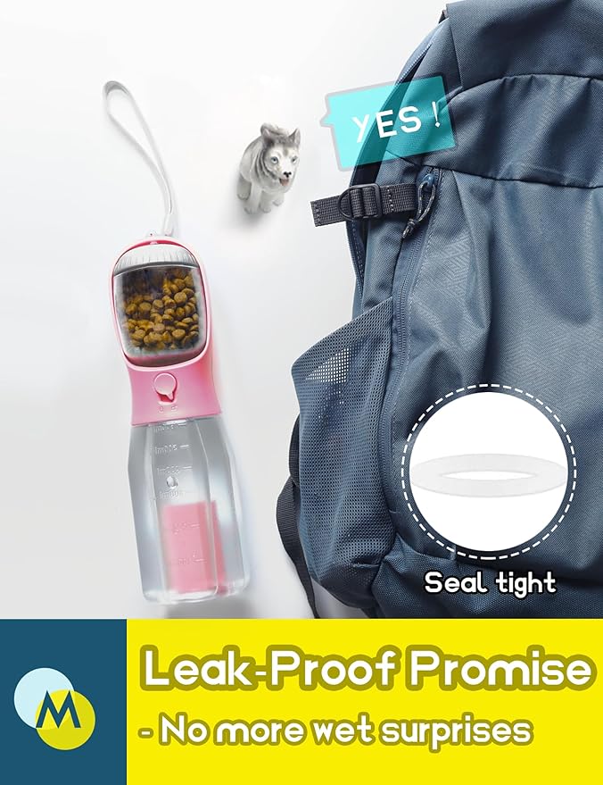 Portable Water Bottle for Small Dogs, 3 in 1 Pet Travel Bowl Dispenser with Food Treat Container & Poop Bag Holder, Summer Walking Hiking Accessories for Puppy On The Go - Pink, 10oz