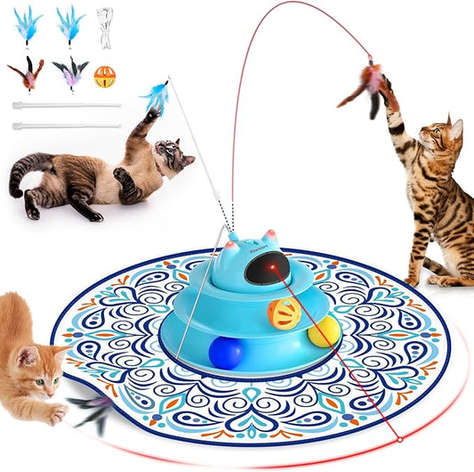 Interactive Cat Toy: 5 in 1 Automatic Cat Toy for Indoor Cats, USB Rechargeable Hide and Seek Toy with PVC Cover, Rotating Feather toys, Battery Operated Kitten Laser Toy with Feather Accessories Blue