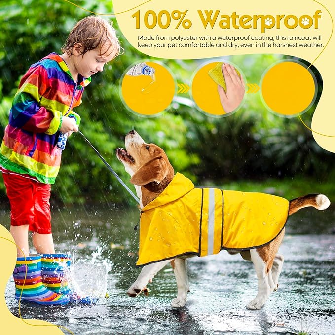 Weesiber Dog Raincoat, Adjustable Waterproof Dog Rain Jacket Poncho with Reflective Strip and Leash Hole, Lightweight Pet Rain Coat for Small to X-Large Dogs (M, Yellow)