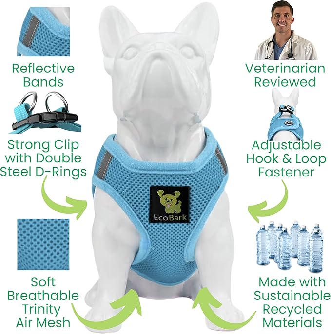 EcoBark Step in Dog Harness - Eco-Friendly Teacup Dog Harnesses for XXS, XS, and Small Dogs - Reflective and Adjustable Mini Body Halter Vest -Tiny Soft Mesh - Toy Breeds Under 5 lbs (Baby Blue, XXS)