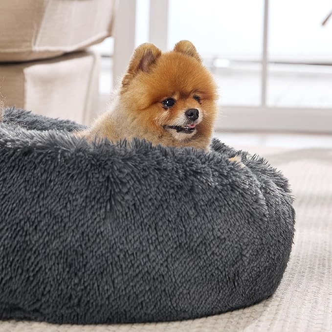 Bedsure Calming Dog Bed for Small Dogs - Donut Washable Small Pet Bed, 23 inches Anti-Slip Round Fluffy Plush Faux Fur Large Cat Bed, Fits up to 25 lbs Pets, Dark Grey