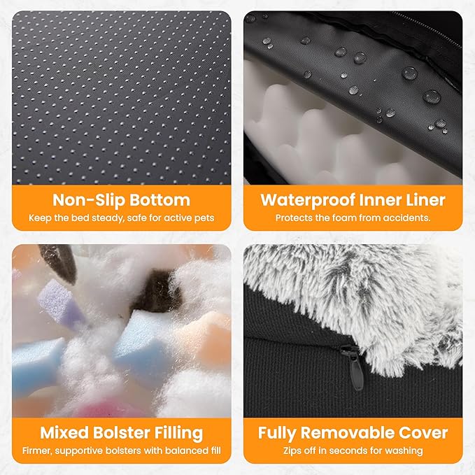 Fluffy Orthopedic Dog Bed for Extra Large Dogs, Calming Plush Sofa Bed with Curved Bolster Support and Egg-Crate Foam Base, 48" Cozy Oval Pet Donut Bed with Washable Cover, Gray