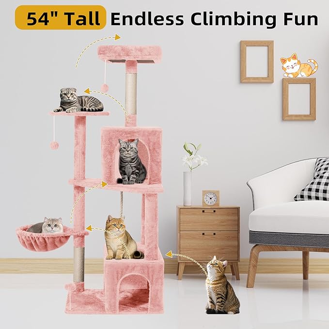 Cat Tree, 54-Inch Cat Tower for Indoor Cats,Plush Multi-Level Cat Condo with Scratching Posts, Basket, Perches,2 Caves,2 Pompoms(Pink)