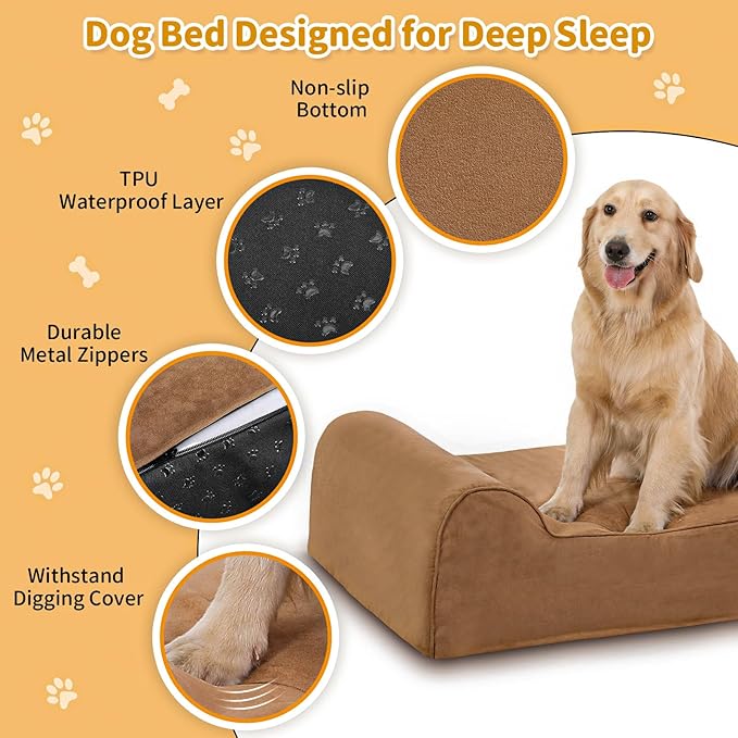 Orthopedic Dog Beds for Large Dogs, 7" Memory Foam Dog Beds with Waterproof Liner, Chew Proof Microsuede Cover, Removable and Washable, Nonskid Bottom, 52"x36"x7" XL Khaki