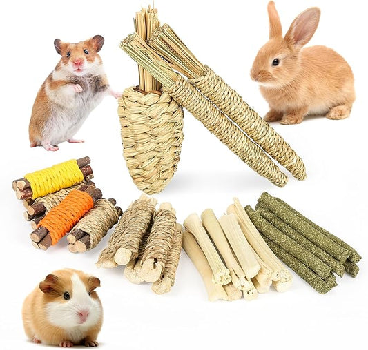 Rabbit Toys 33Pcs, Natural Hay Hamster Chew Toys for Teeth, Handmade Dried Sweet Teething Grass Sticks Watercress Carrot for Chinchillas Bunny Small Animals