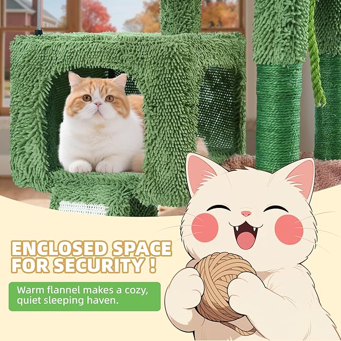 TWDEPART 37.5" All-in-One Cat Tree Tower with Scratching Board & Posts Cozy Sleeping Perch Hammock and Toy Balls, Green