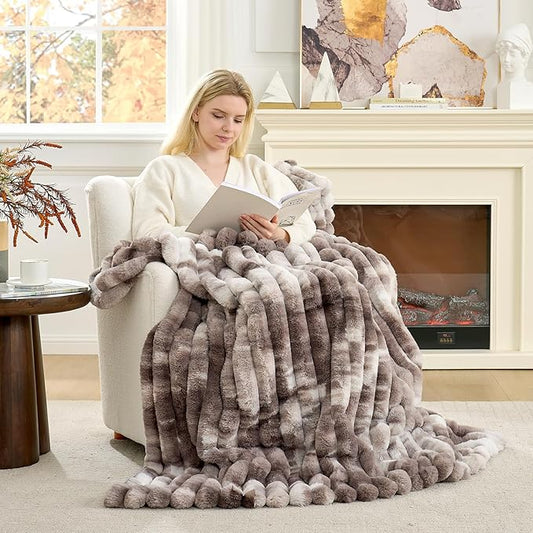Cozy Bliss Faux Fur Throw Blanket for Couch, Cozy Warm Plush Striped Blanket for Sofa Bedroom Living Room, 60 * 80 Inches Tie-dye Grey