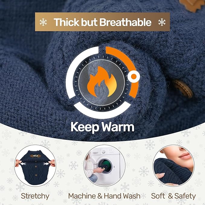 WOYYHO Dog Sweater for Small Dogs, Cable Knit Pullover with Cow Horn Button, Warm Round Neck Winter Knitted Clothes for Puppy Dachshund French Bulldog, Navy Blue L