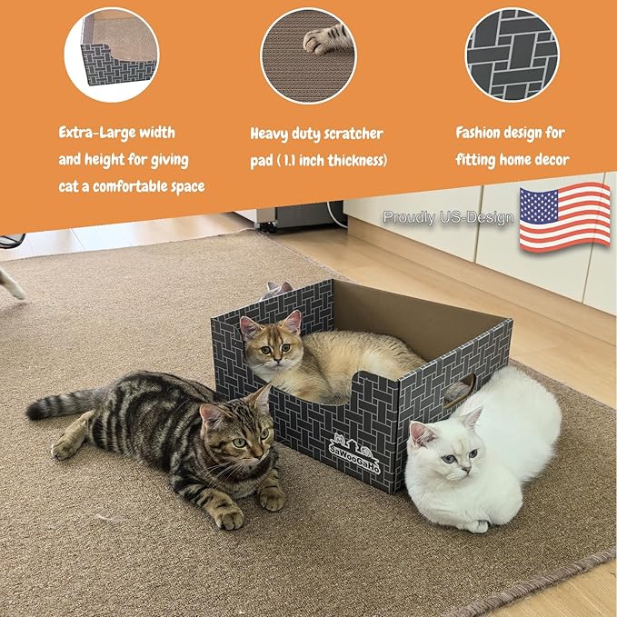 Extra Large Cat Cardboard Scratch with Box Bigger Space Double-Sided Scratching Refillable Pad Scratcher Board Window Handle Design Easy to Clean Scraps Scratched Bed for Indoor Cats (Grey)