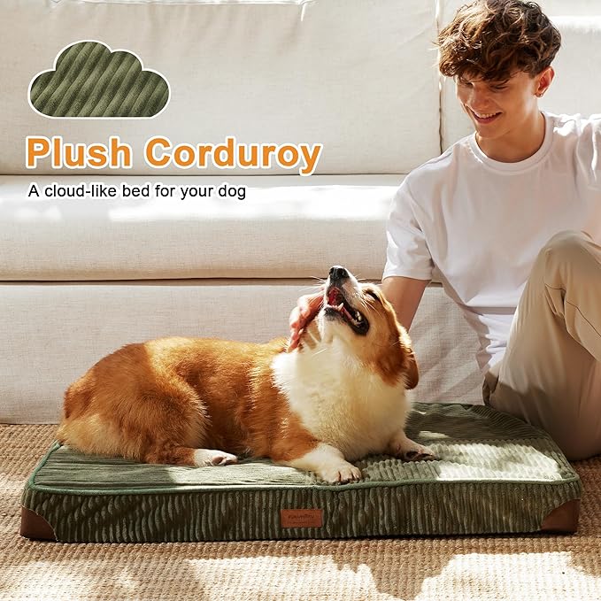 FUKUMARU Dog Bed, Plush Corduroy Orthopedic Dog Beds with Washable Cover, Large Waterproof Dogs Bed for Crate, Egg Crate Foam Support Pet Mat, Cozy Pet Bed Mat with Anti-Slip Bottom, Green
