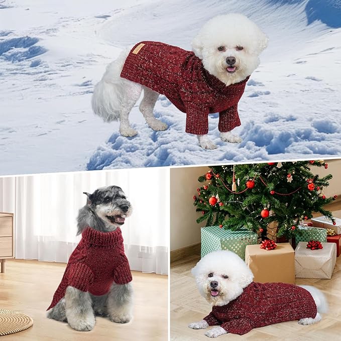 KYEESE Dog Sweater Comfy Turtleneck Dog Sweater for Small Dogs Classic Cable Knit Small Pet Sweater with Long Sleeve Warm Pet Coats Soft Dogs Clothes for Cold Weather, Red, Large