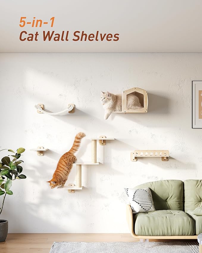Cat Wall Shelves, 5-in-1 Cat Wall Furniture with Large Hammock and Perch, Space-Saving Shelves Set for Indoor Cats