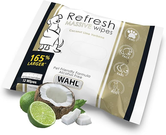 Wahl Refresh Massive Dog Wipes for Cleaning and Odor Control, Face, Body, Butt and Paw Cleaner for Dogs, Coconut Lime Verbena Scent, 36 Count, Model 3027119
