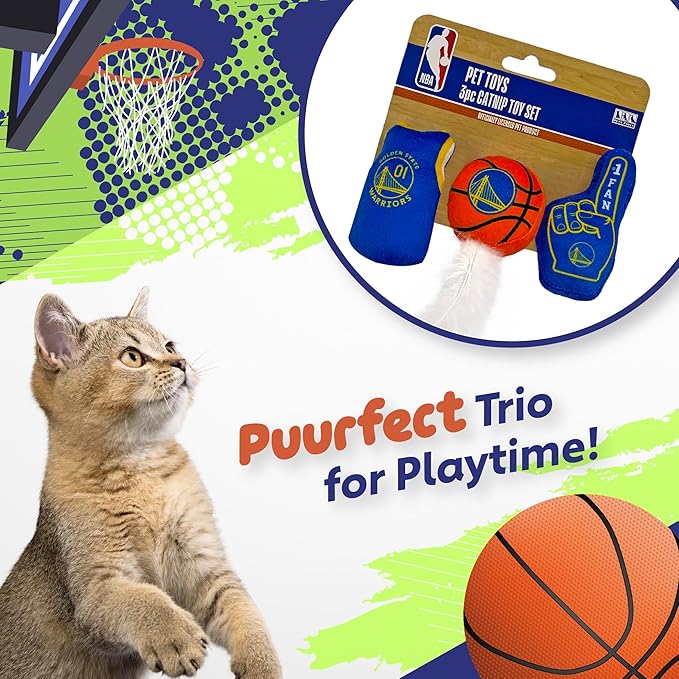 Best Plush CAT Toy: NBA Golden State Warriors Complete Set of 3 Piece Cat Toys Filled with Fresh Catnip. Includes: 1 Jersey Cat Toy, 1 Basketball Cat Toy with Feathers & 1#1 Fan Cat Toy. in Team Logo