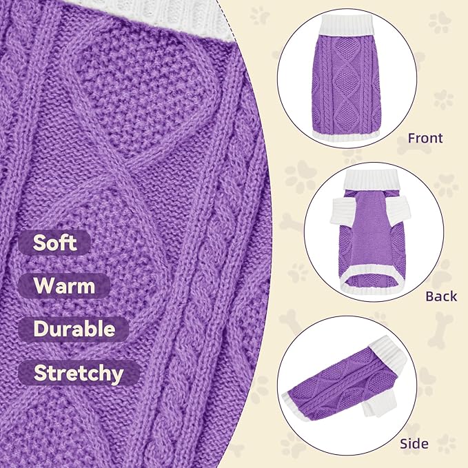 Dog Sweater for Small Dogs Argyle Cable Knit Turtleneck Pullover Winter Clothes Boys Girls Stretch Puppy Doggie Chihuahua Yorkie Pomeranian Toy Poodle Pet (XS, Purple)