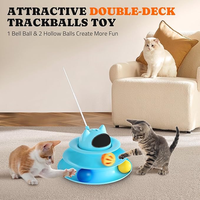 Interactive Cat Toy: 5 in 1 Automatic Cat Toy for Indoor Cats, Rechargeable Hide and Seek Toy with PVC Cover, Battery Operated Kitten Laser Toy with Feather Accessories Pack, Blue
