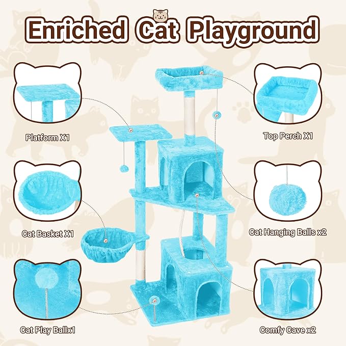 Cat Tree, 54-Inch Cat Tower for Indoor Cats,Plush Multi-Level Cat Condo with Scratching Posts, Basket, Perches,2 Caves,2 Pompoms(Blue)