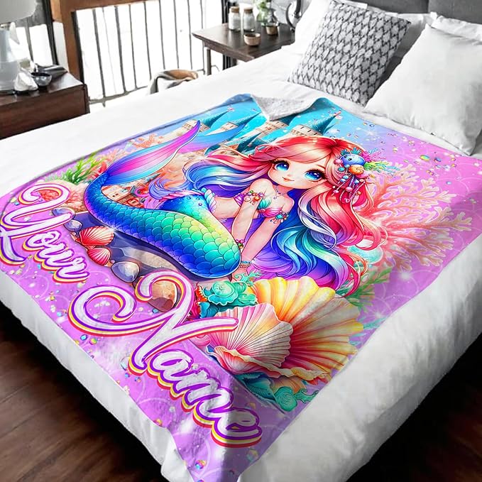 Girls Mermaid Blanket Gift Personalized Throw for Toddler Kids Mermaids Lovers, 30x40 Inches Lightweight Soft Cute Custom Throw Blankets for Sofa Couch Bed