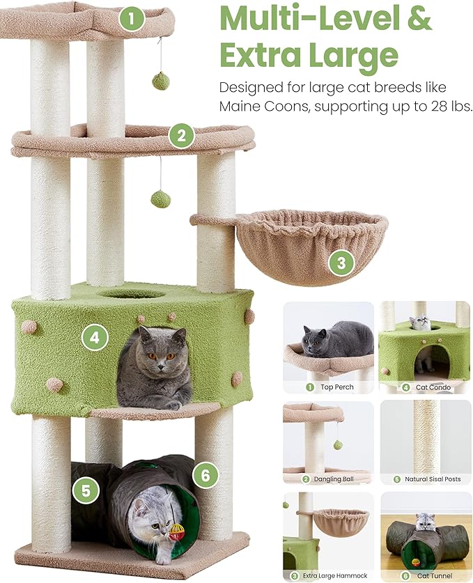 Cat Tree Tower for Indoor Cats Large Adult - Heavy Duty Extra Wide Scratching Post(φ4.4in) Maine Coon Condo House with Hammock Tunnel - 60 Inch XL Feline Bed Trees - Big Multi Level Cat Houses Stand